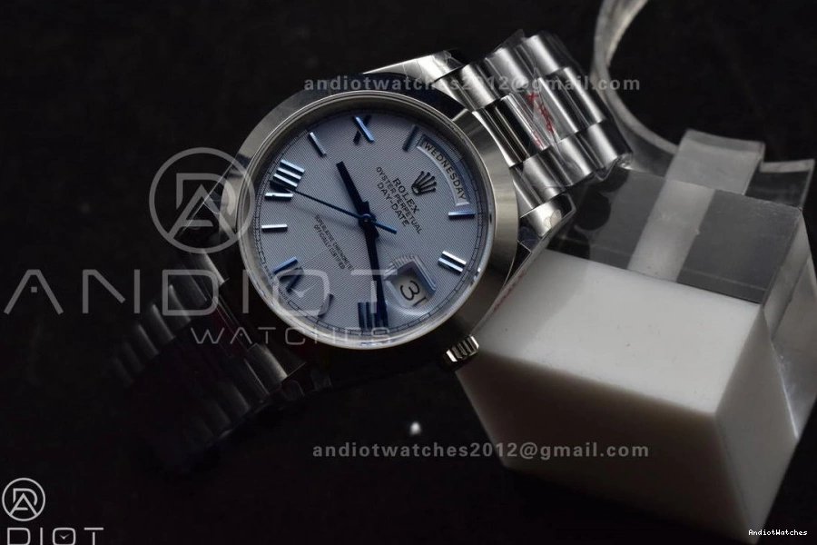 On President Steel Trendsetting Bracelet 40 A3255 GMF 703 V Dial Weighted Markers Tungsten Roman DayDate 904L Blue 0826